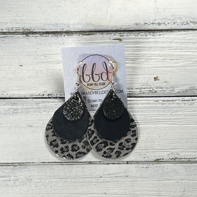 LINDSEY -  Leather Earrings  ||   <BR> SHIMMER PEWTER, <BR> DISTRESSED BLACK, <BR> GRAY & SILVER LEOPARD ANIMAL PRINT