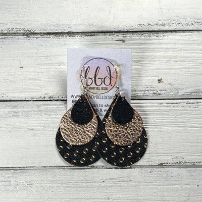 LINDSEY -  Leather Earrings  ||  <BR> SHIMMER BLACK, <BR> METALLIC ROSE GOLD PEBBLED, <BR> BLACK & ROSE GOLD POLKADOTS