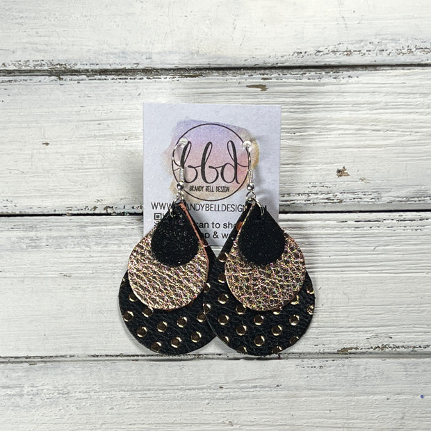 LINDSEY -  Leather Earrings  ||  <BR> SHIMMER BLACK, <BR> METALLIC ROSE GOLD PEBBLED, <BR> BLACK & ROSE GOLD POLKADOTS