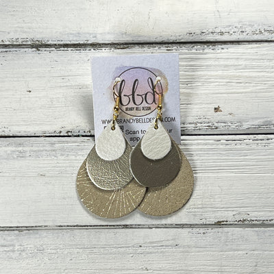 LINDSEY -  Leather Earrings  ||   <BR> PEARL WHITE, <BR> METALLIC CHAMPAGNE SMOOTH, <BR> IVORY & METALLIC GOLD CHINESE FAN