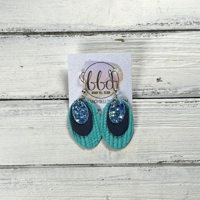 DIANE -  Leather Earrings  ||   <BR> OCEAN GLITTER (FAUX LEATHER), <BR> MATTE NAVY BLUE, <BR> AQUA PALMS