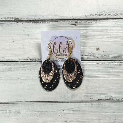 DIANE -  Leather Earrings  ||  <BR> SHIMMER BLACK, <BR> METALLIC ROSE GOLD PEBBLED, <BR> BLACK & ROSE GOLD POLKADOTS