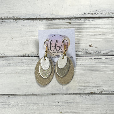 DIANE -  Leather Earrings  ||   <BR> PEARL WHITE, <BR> METALLIC CHAMPAGNE SMOOTH, <BR> IVORY & METALLIC GOLD CHINESE FAN