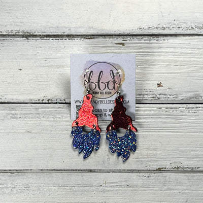 GNOME -  Leather Earrings  ||   <BR> METALLIC RED SMOOTH, <BR> SPARKLE BLUE
