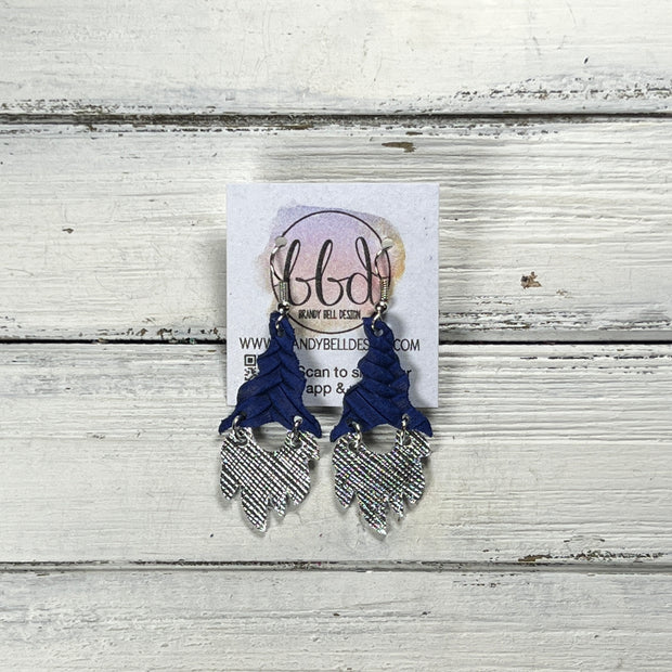 GNOME -  Leather Earrings  ||   <BR> COBALT BLUE BRAID, <BR> METALLIC SILVER SAFFIANO