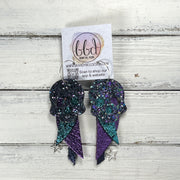 FANCY SKULL -  Leather Earrings  ||   <BR> BEJEWELED CHUNKY GLITTER (LEATHER ON THICK CORK), SHIMMER AQUA, METALLIC PURPLE PEBBLED, METALLIC NAVY BLUE PEBBLED