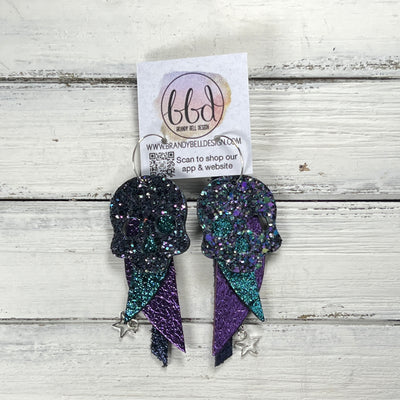 FANCY SKULL -  Leather Earrings  ||   <BR> BEJEWELED CHUNKY GLITTER (LEATHER ON THICK CORK), SHIMMER AQUA, METALLIC PURPLE PEBBLED, METALLIC NAVY BLUE PEBBLED