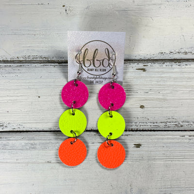 DAISY -  Leather Earrings  ||  NEON PINK GLITTER (ON CORK), <BR> NEON YELLOW, <BR> NEON ORANGE