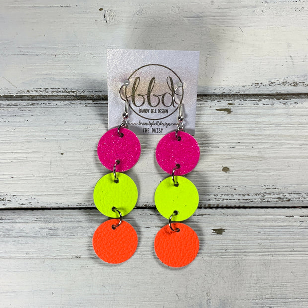 DAISY -  Leather Earrings  ||  NEON PINK GLITTER (ON CORK), <BR> NEON YELLOW, <BR> NEON ORANGE
