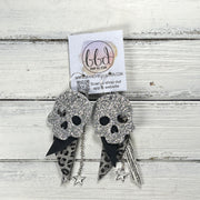 FANCY SKULL -  Leather Earrings  ||   <BR> SILVER FINE GLITTER (LEATHER ON THICK CORK), DISTRESSED BLACK, GRAY & SILVER LEOPARD ANIMAL PRINT, SILVER SANDS