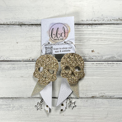 FANCY SKULL -  Leather Earrings  ||   <BR> GOLD FINE GLITTER (LEATHER ON THICK CORK), SHIMMER GOLD,MATTE WHITE, WHITE WITH GOLD POLKADOTS