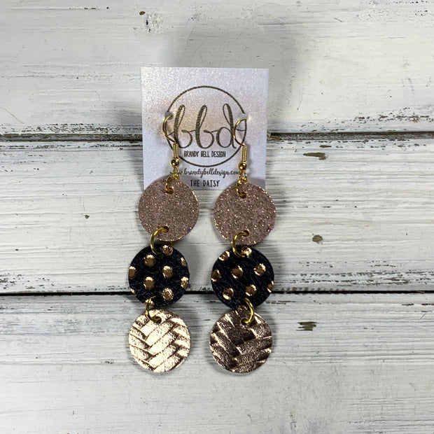 DAISY -  Leather Earrings  ||  SHIMMER VINTAGE PINK, <BR> BLACK WITH ROSE GOLD POLKADOTS, <BR> METALLIC ROSE GOLD BRAID