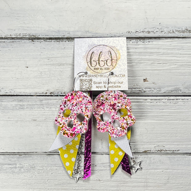 FANCY SKULL -  Leather Earrings  ||   <BR> TAFFY PINK CHUNKY GLITTER (LEATHER ON THICK CORK), MATTE WHITE, YELLOW WITH WHITE POLKADOTS, METALLIC NEON PINK PEBBLED