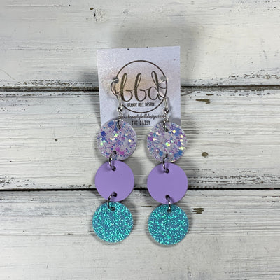 DAISY -  Leather Earrings  ||  IRIDESCENT GLITTER (ON CORK), <BR> MATTE LILAC SMOOTH, <BR> AQUA GLITTER (ON CORK)