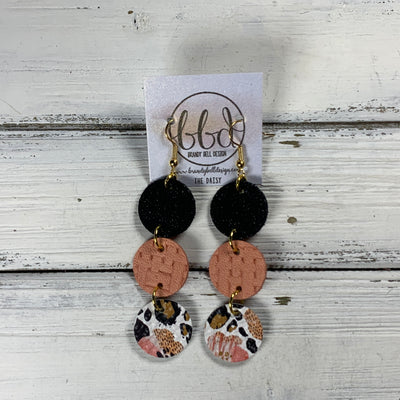 DAISY -  Leather Earrings  ||  SHIMMER BLACK, <BR> SALMON PANAMA WEAVE, <BR>  CORAL FLORAL CHEETAH