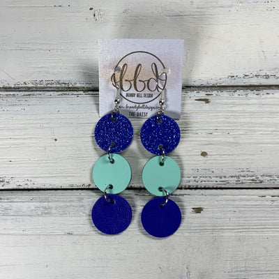 DAISY -  Leather Earrings  ||  ROYAL BLUE GLITTER (ON CORK), <BR>  MATTE AQUA MINT SMOOTH, <BR> MATTE ELECTRIC COBALT BLUE