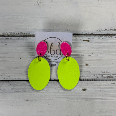 BELLA -  Leather Earrings ON POST  || NEON PINK GLITTER (ON CORK), <BR>  MATTE NEON YELLOW