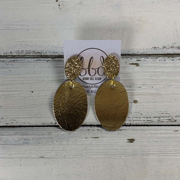 BELLA -  Leather Earrings  ON POST || GOLD GLITTER (ON CORK), <BR>  METALLIC GOLD SMOOTH
