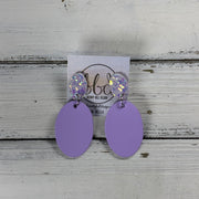 BELLA -  Leather Earrings ON POST  ||  IRIDESCENT GLITTER (ON CORK), <BR> MATTE LILAC SMOOTH