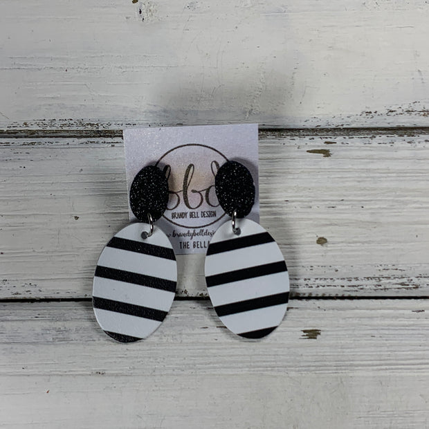 BELLA -  Leather Earrings ON POST  ||  BLACK GLITTER (ON CORK), <BR> BLACK & WHITE STRIPE