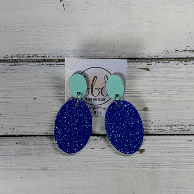 BELLA -  Leather Earrings ON POST ||  MATTE AQUA MINT SMOOTH, <BR> ROYAL BLUE GLITTER (ON CORK)