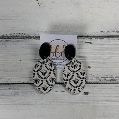 BELLA -  Leather Earrings ON POST  ||  BLACK GLITTER (ON CORK), <BR> BLACK & WHITE GEOMETRIC TRELLIS