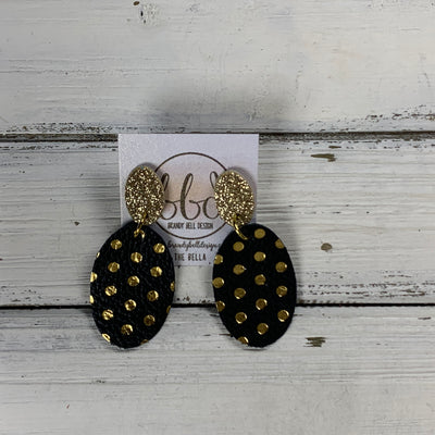 BELLA -  Leather Earrings ON POST ||  GOLD GLITTER (ON CORK), <BR> BLACK & GOLD POLKADOTS