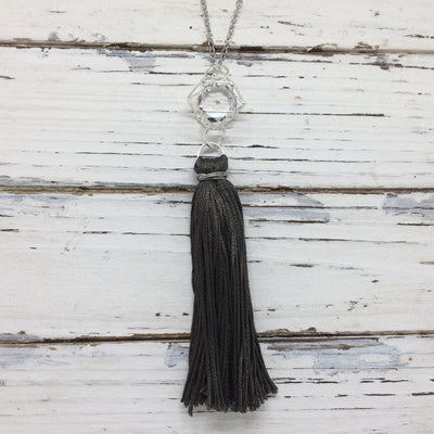 TASSEL NECKLACE - CAROLINA  ||  DARK GRAY TASSEL WITH SILVER CAGE WITH ENCLOSED GEM