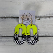 DAKOTA -  Leather Earrings  ||   MATTE NEON YELLOW, <BR>  BLACK & WHITE GEOMETRIC PRINT