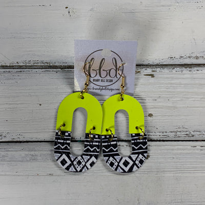 DAKOTA -  Leather Earrings  ||   MATTE NEON YELLOW, <BR>  BLACK & WHITE GEOMETRIC PRINT