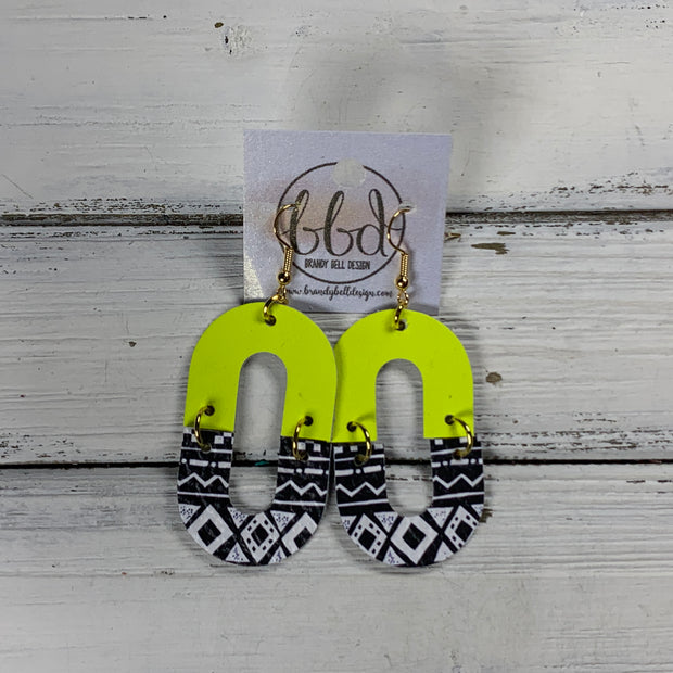 DAKOTA -  Leather Earrings  ||   MATTE NEON YELLOW, <BR>  BLACK & WHITE GEOMETRIC PRINT