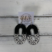 DAKOTA -  Leather Earrings  ||  BLACK GLITTER (ON CORK), <BR> BLACK & WHITE GEOMETRIC TRELLIS