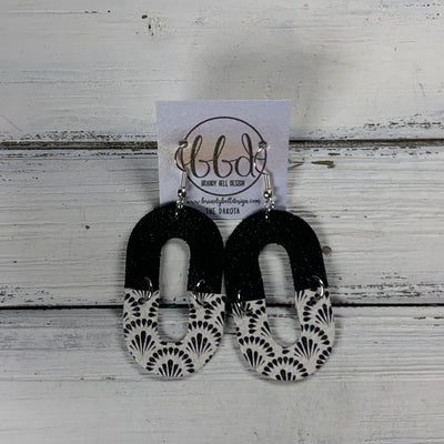 DAKOTA -  Leather Earrings  ||  BLACK GLITTER (ON CORK), <BR> BLACK & WHITE GEOMETRIC TRELLIS