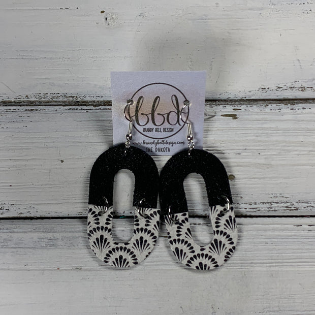 DAKOTA -  Leather Earrings  ||  BLACK GLITTER (ON CORK), <BR> BLACK & WHITE GEOMETRIC TRELLIS