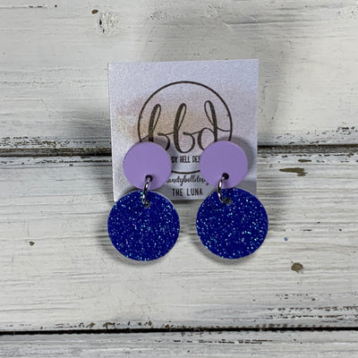 LUNA -  Leather Earrings ON POST  ||  MATTE LILAC SMOOTH, <BR>  ROYAL BLUE GLITTER (ON CORK)