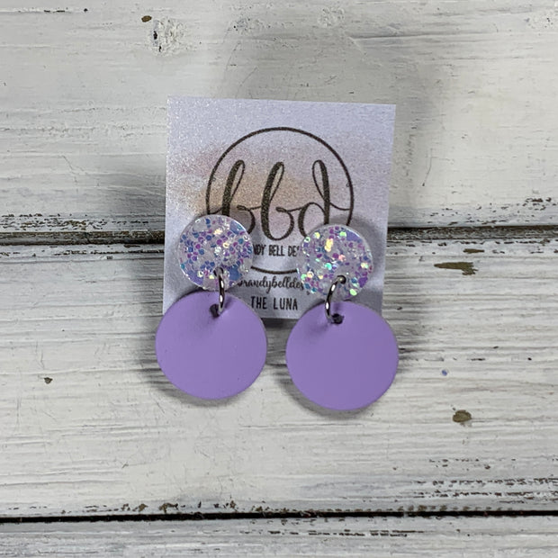 LUNA -  Leather Earrings ON POST  ||  IRIDESCENT GLITTER (ON CORK), <BR>  MATTE LILAC SMOOTH