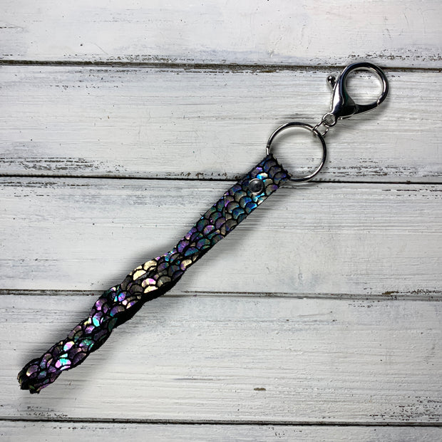 BRAIDED KEYCHAIN - Leather Braided Keychain  ||  METALLIC ANTIQUE MERMAID  (SILVER)