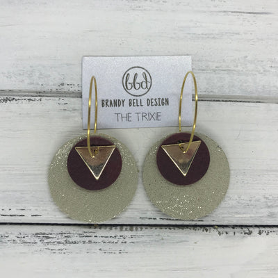 TRIXIE - Leather Earrings  ||    <BR> GOLD TRIANGLE, <BR> DISTRESSED MERLOT,  <BR> SHIMMER GOLD