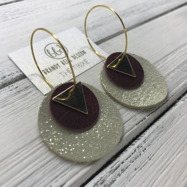 TRIXIE - Leather Earrings  ||    <BR> GOLD TRIANGLE, <BR> DISTRESSED MERLOT,  <BR> SHIMMER GOLD
