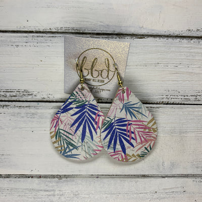 ZOEY (3 sizes available!) -  Leather Earrings  ||  MULTICOLOR PALM LEAVES ON WHITE  (CORK ON LEATHER)