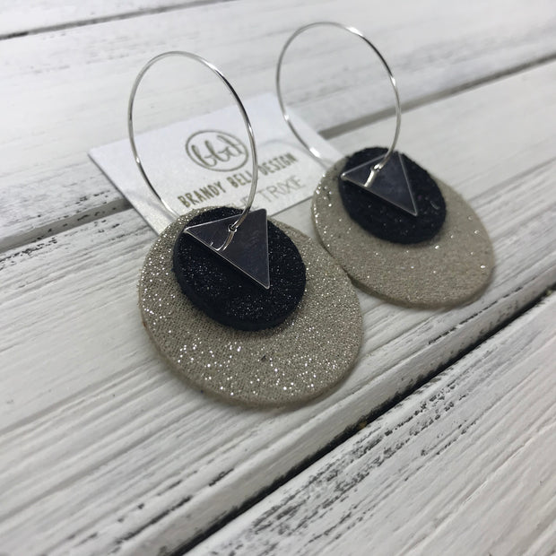 TRIXIE - Leather Earrings  ||    <BR> SILVER TRIANGLE, <BR> SHIMMER BLACK,  <BR> SHIMMER TAUPE