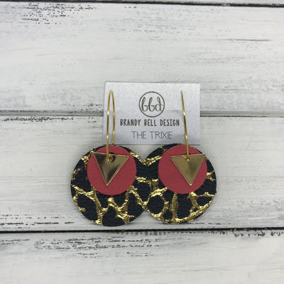 TRIXIE - Leather Earrings  ||    <BR> GOLD TRIANGLE, <BR> MATTE CORAL PINK,  <BR> BLACK WITH GOLD ACCENTS