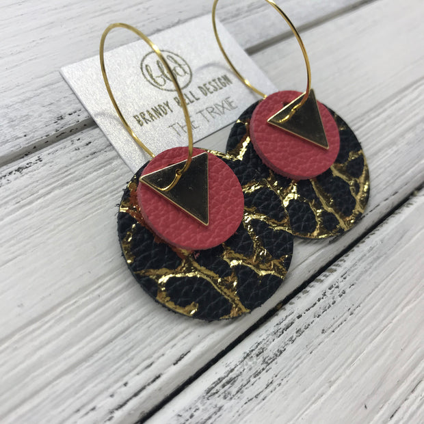 TRIXIE - Leather Earrings  ||    <BR> GOLD TRIANGLE, <BR> MATTE CORAL PINK,  <BR> BLACK WITH GOLD ACCENTS