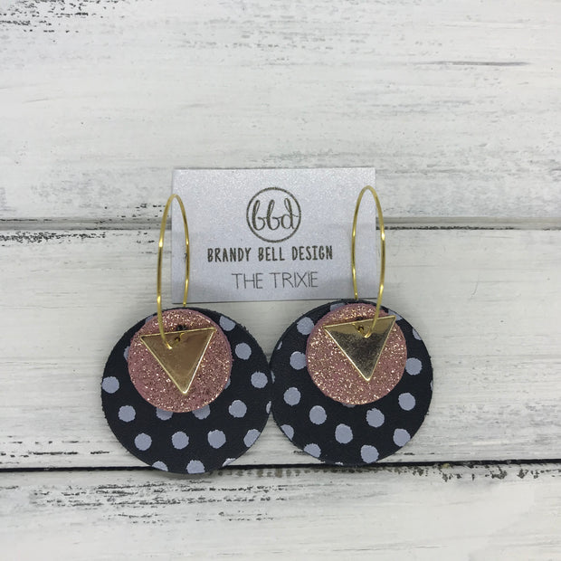 TRIXIE - Leather Earrings  ||    <BR> GOLD TRIANGLE, <BR> SHIMMER VINTAGE PINK,  <BR> BLACK WITH WHITE POLKADOTS