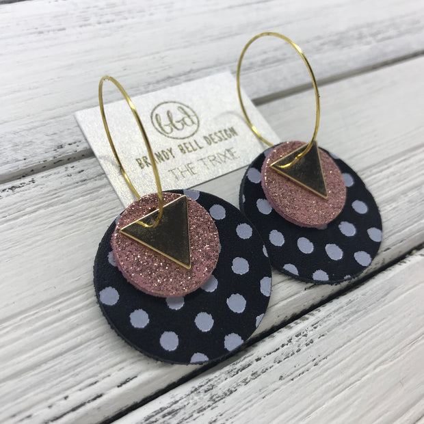 TRIXIE - Leather Earrings  ||    <BR> GOLD TRIANGLE, <BR> SHIMMER VINTAGE PINK,  <BR> BLACK WITH WHITE POLKADOTS