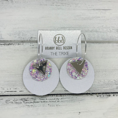 TRIXIE - Leather Earrings  ||    <BR> SILVER TRIANGLE, <BR> FAIRY DUST GLITTER,  <BR> MATTE WHITE