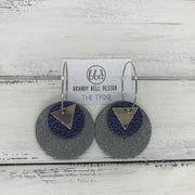 TRIXIE - Leather Earrings  ||    <BR> SILVER TRIANGLE, <BR> METALLIC NAVY PEBBLED,  <BR> SHIMMER GRAY