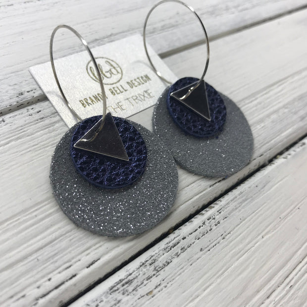 TRIXIE - Leather Earrings  ||    <BR> SILVER TRIANGLE, <BR> METALLIC NAVY PEBBLED,  <BR> SHIMMER GRAY