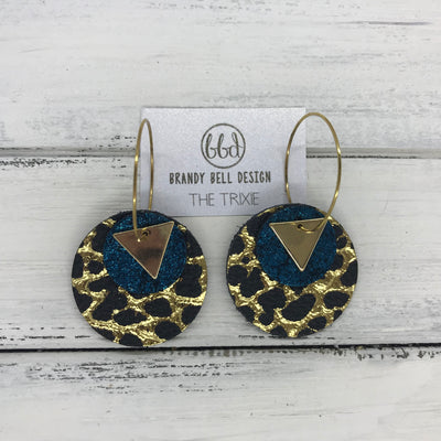TRIXIE - Leather Earrings  ||    <BR> GOLD TRIANGLE, <BR> SHIMMER TEAL,  <BR> BLACK WITH METALLIC GOLD ACCENTS