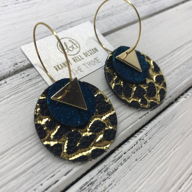 TRIXIE - Leather Earrings  ||    <BR> GOLD TRIANGLE, <BR> SHIMMER TEAL,  <BR> BLACK WITH METALLIC GOLD ACCENTS